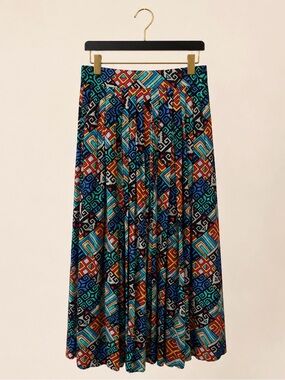 Vintage Simon Chang Multicolour Geometric Print Pleated Maxi Skirt M
